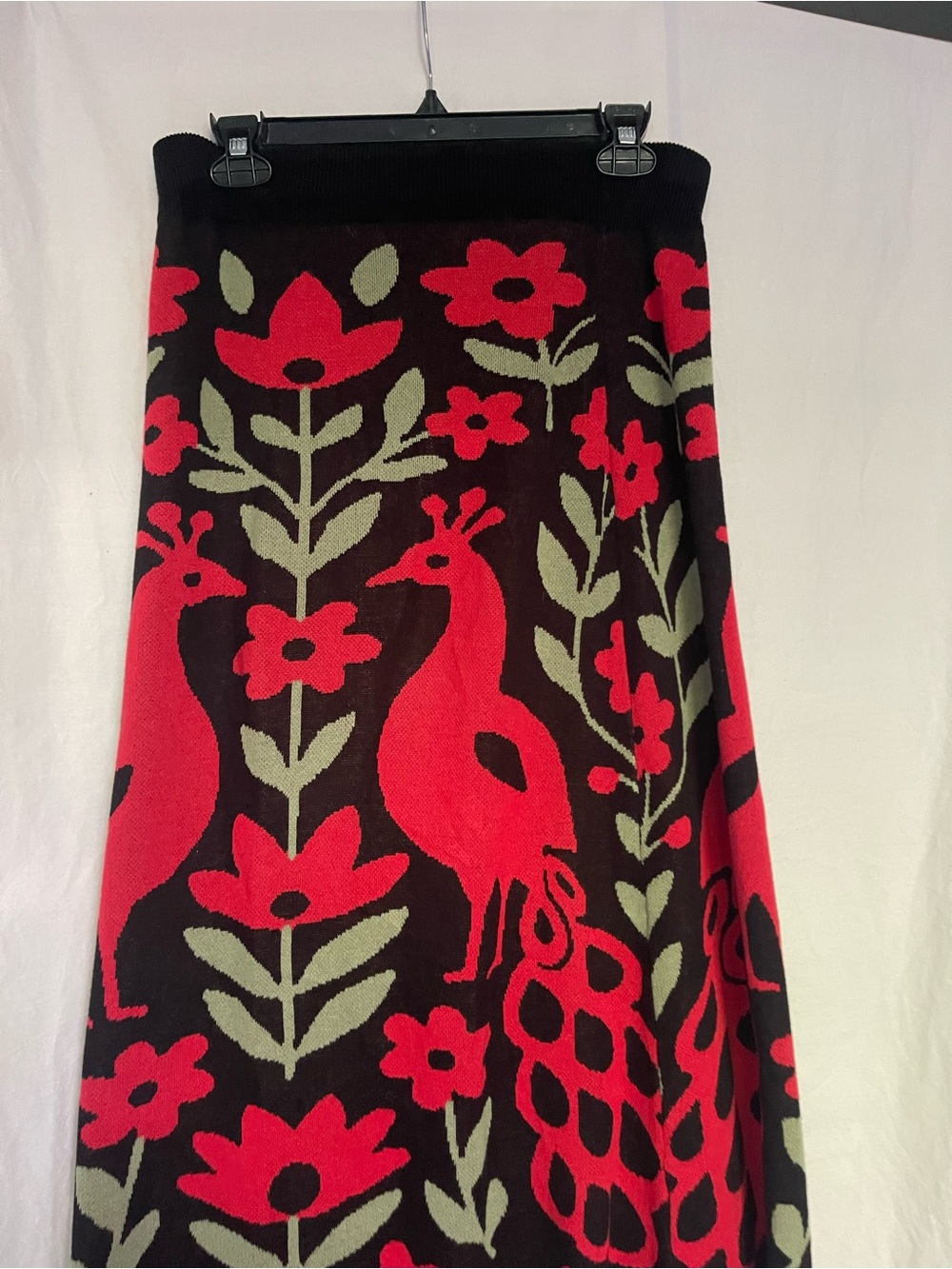 Maxi Skirt with Red Floral & Peacock Motif. Size L. Waist 31” Length 42” - Picture 12 of 13